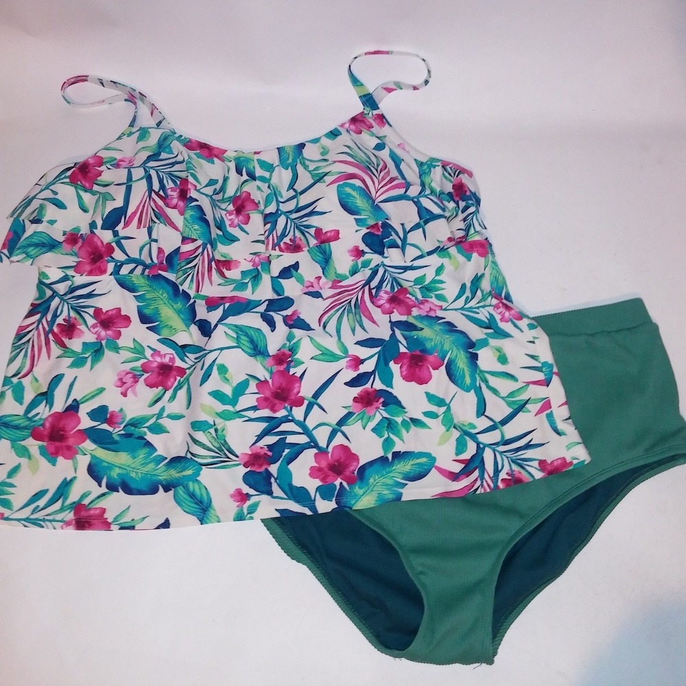 Dip Swim Tankini Tank Top & Bottom 3X Green Pink Ruffle Ribbed Lightly Lined